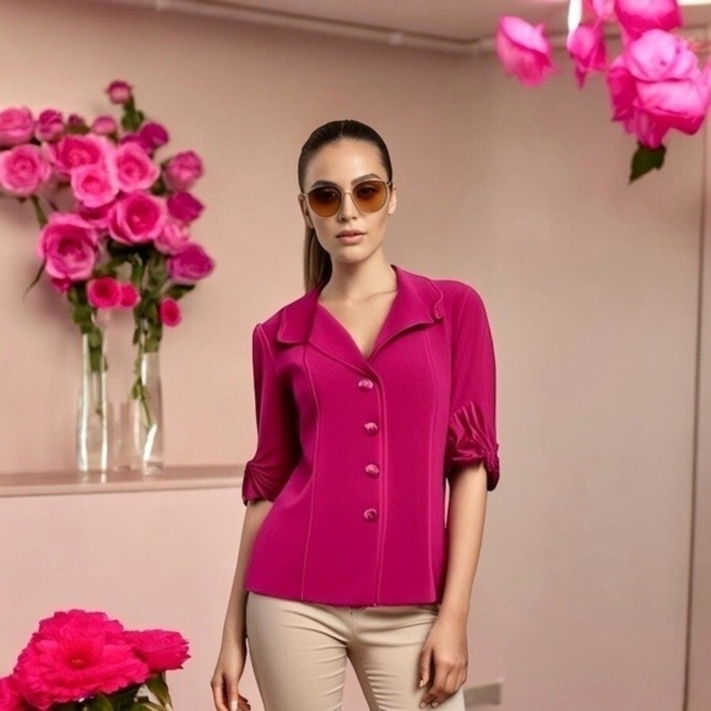 Simply Chloe Dao Women's Magenta Origami Trim Sleeve Blazer S 3D Flower 4-Button